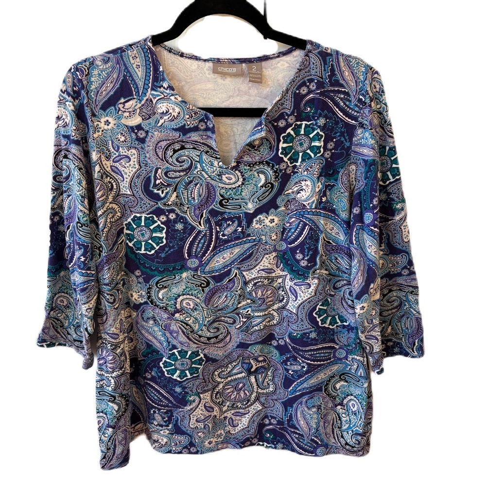 Chico's Size 2 Blue‎ Abstract Floral Paisley Print Blouse Top Shirt Size Large